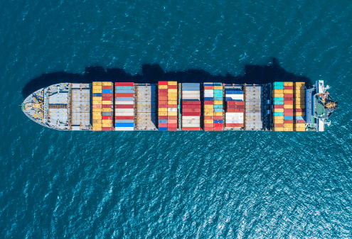 top view of a cargo ship in the ocean